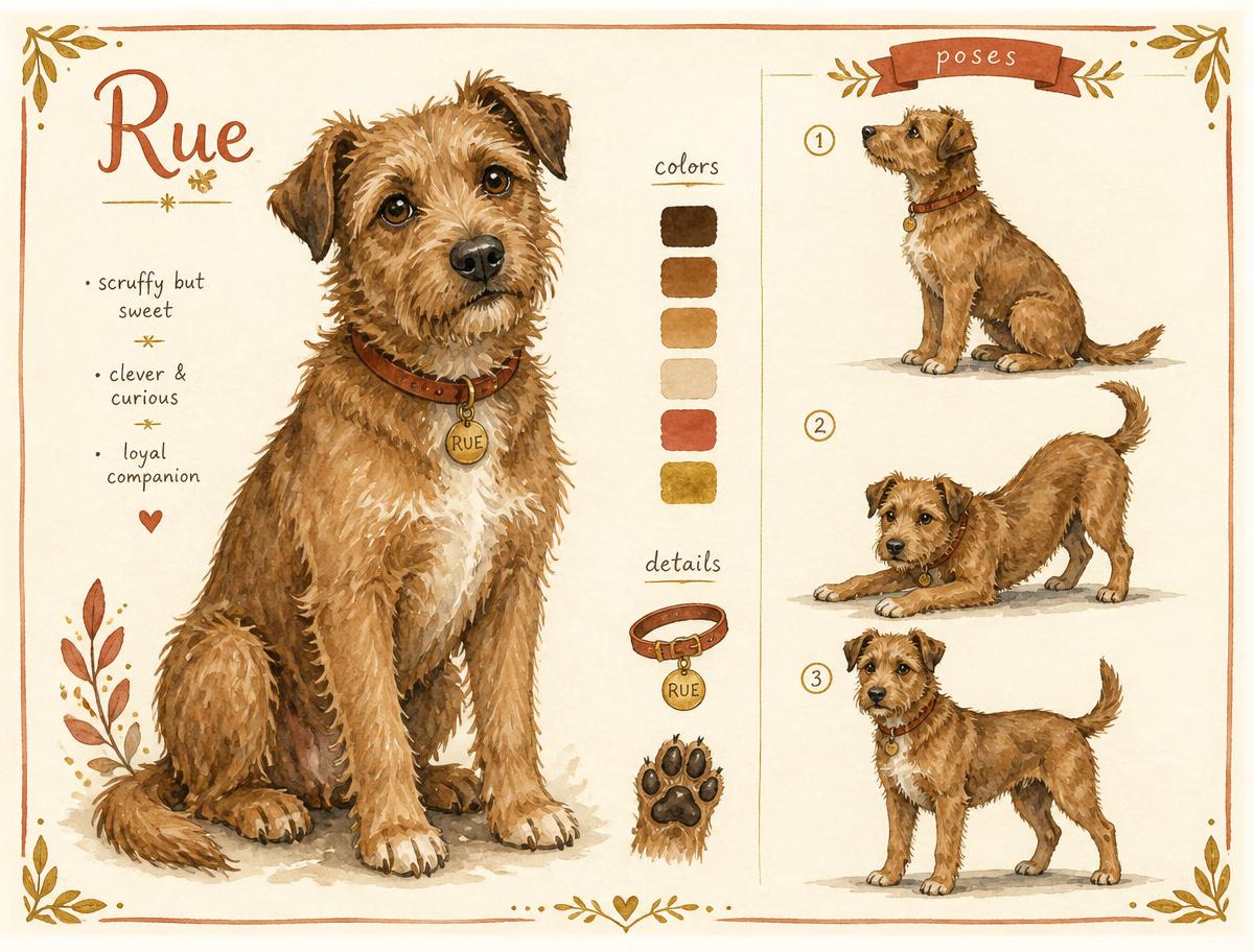 A character reference sheet for a scruffy brown terrier with a white chest patch, colour swatches and three poses