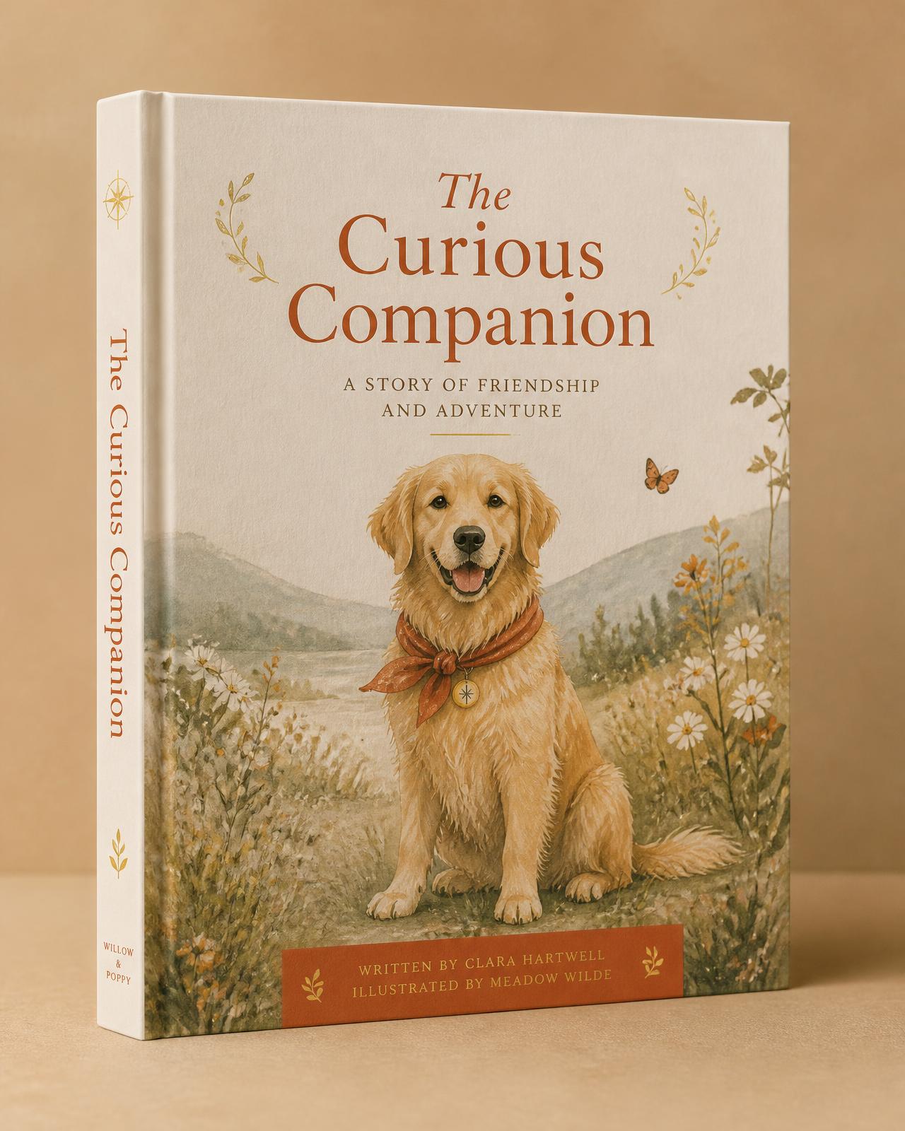 A hardcover personalized pet storybook with a watercolor cover of a golden retriever in a meadow